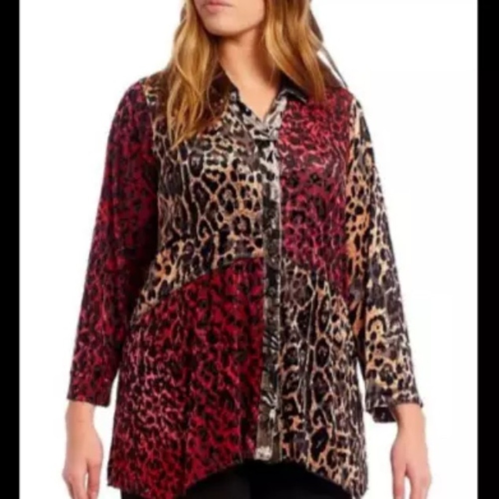 Ali Miles Pink/Taupe LEOPARD VELVET BURNOUT Patchwork Tunic Top‎ Sz M Lagenlook